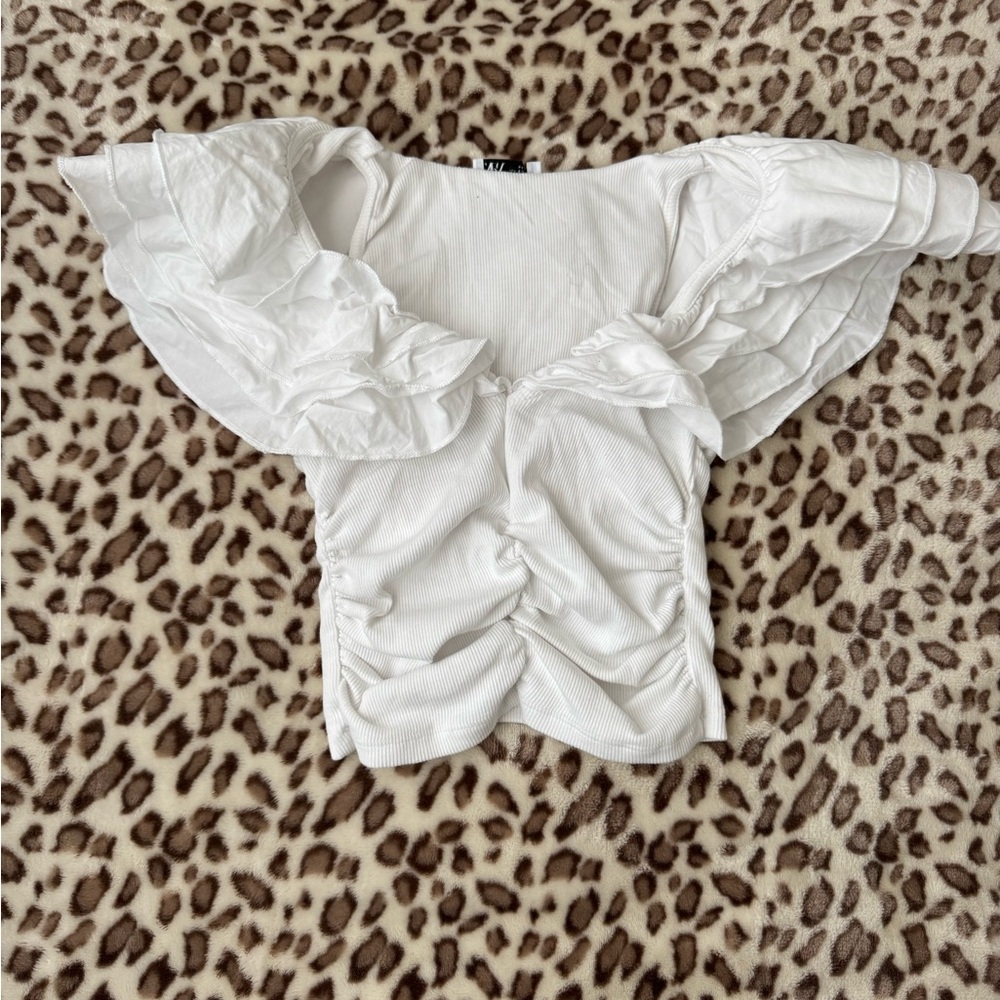 Zara Elegant White Ruffle Sleeve Blouse
